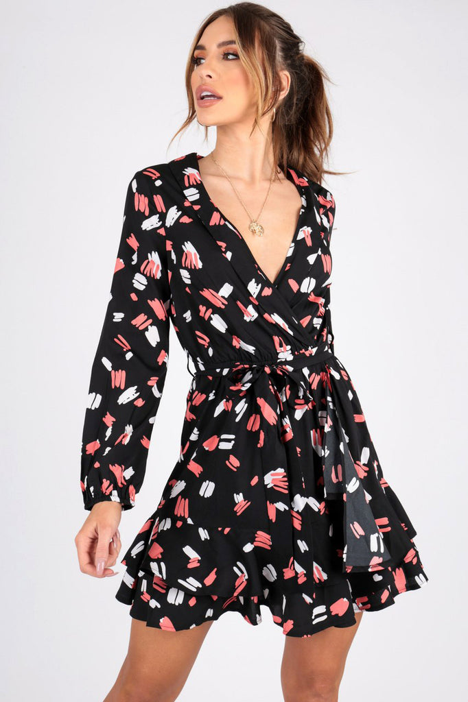 Black Abstract Print Wrap Dress With Ruffle Hem and Self Fabric Belt