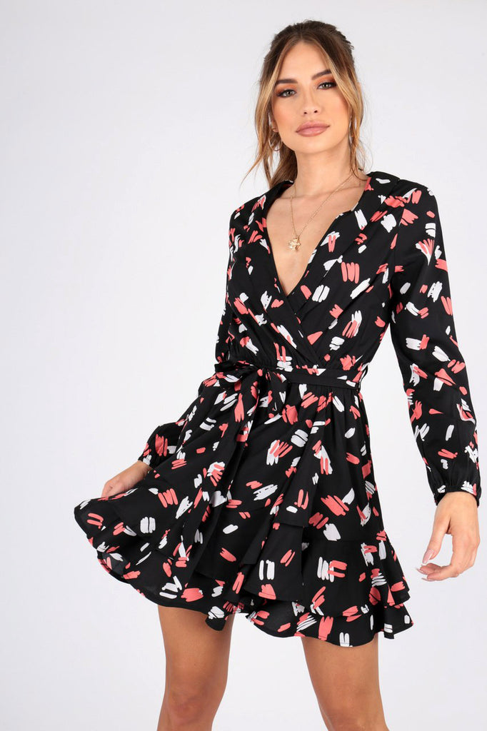 Black Abstract Print Wrap Dress With Ruffle Hem and Self Fabric Belt