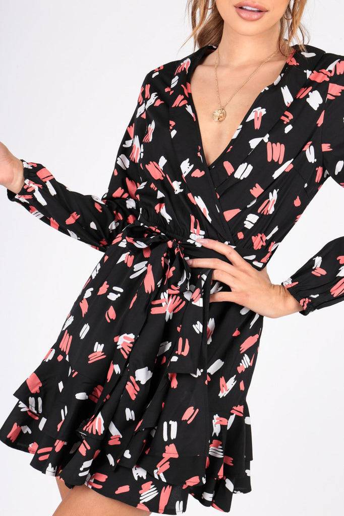 Black Abstract Print Wrap Dress With Ruffle Hem and Self Fabric Belt