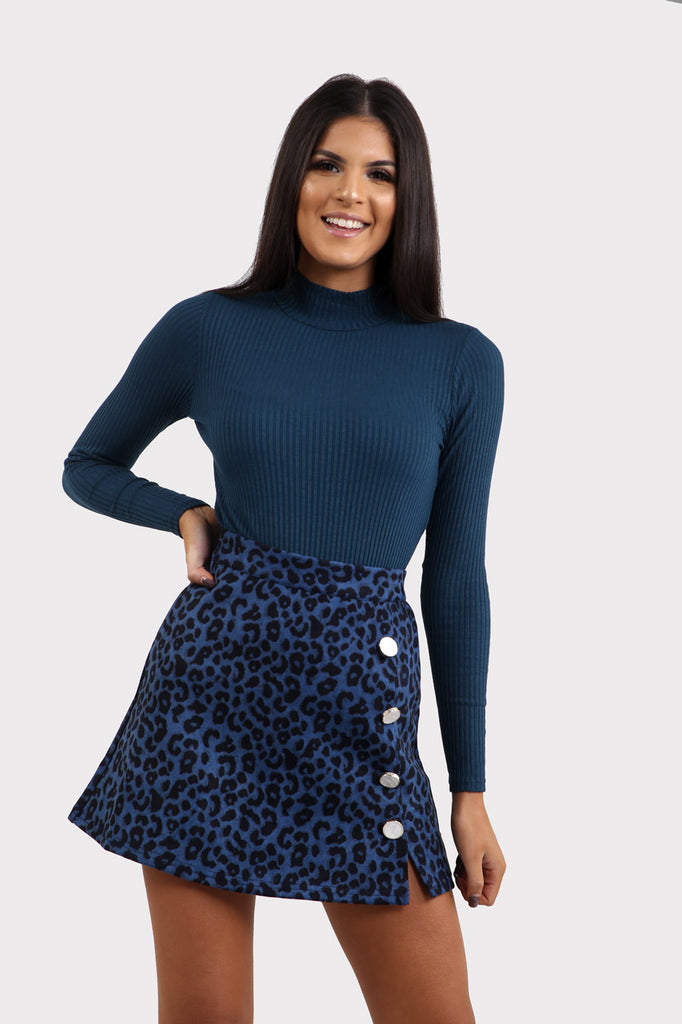 Blue Animal Print Button Detail Skirt In Leopard