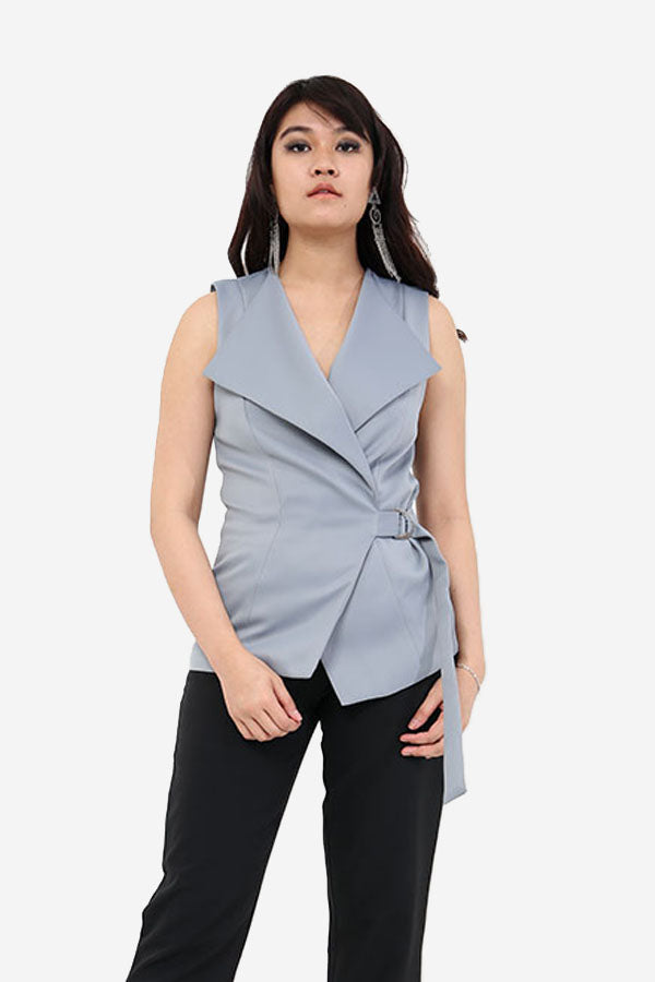 Blue Sleeveless Belted Blazer