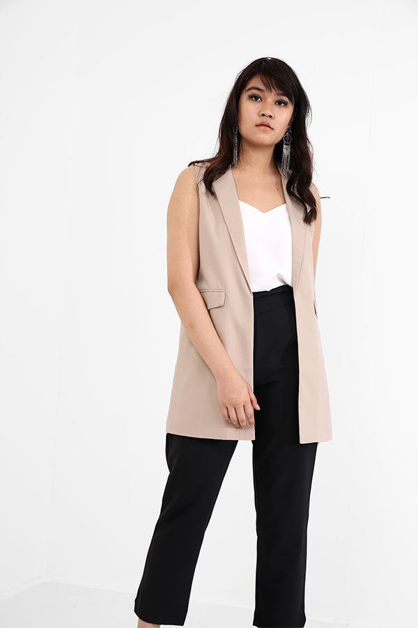 Camel Long Sleeveless Blazer