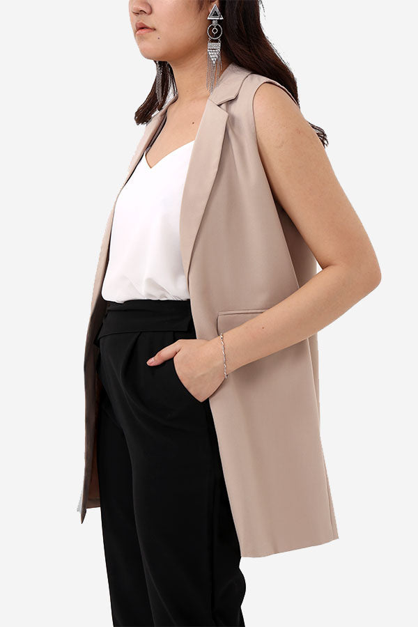 Camel Long Sleeveless Blazer