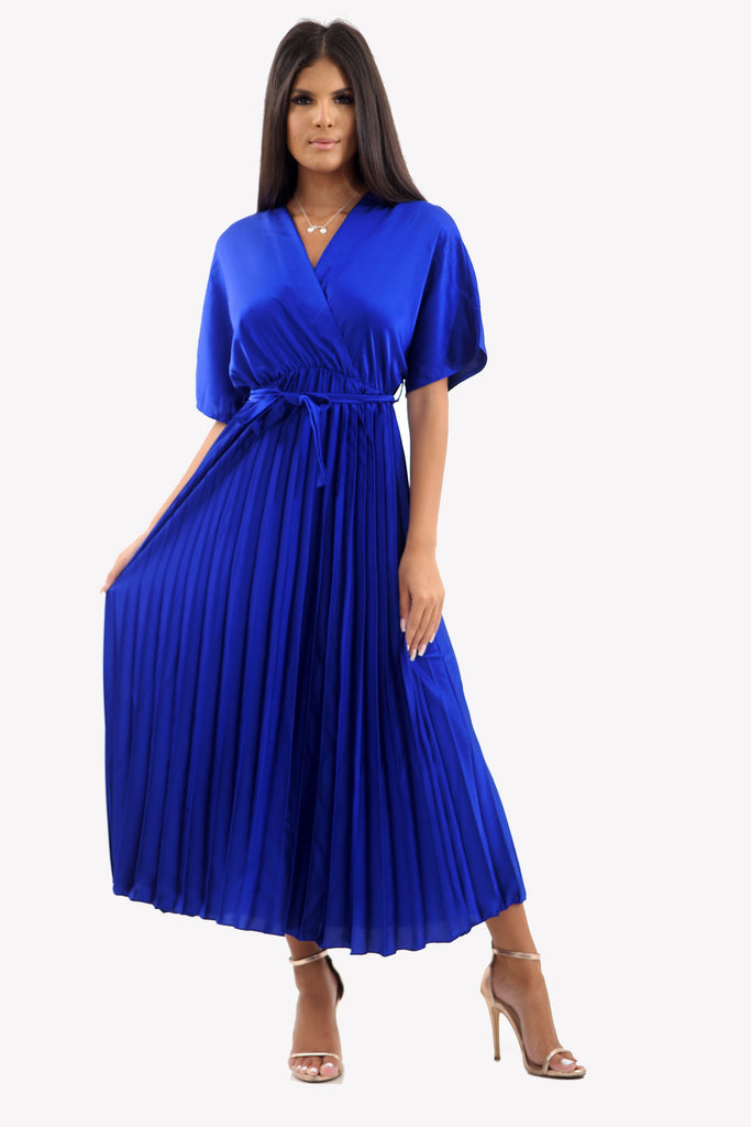 Satin Batwing Pleated Maxi Dress in Royal Blue