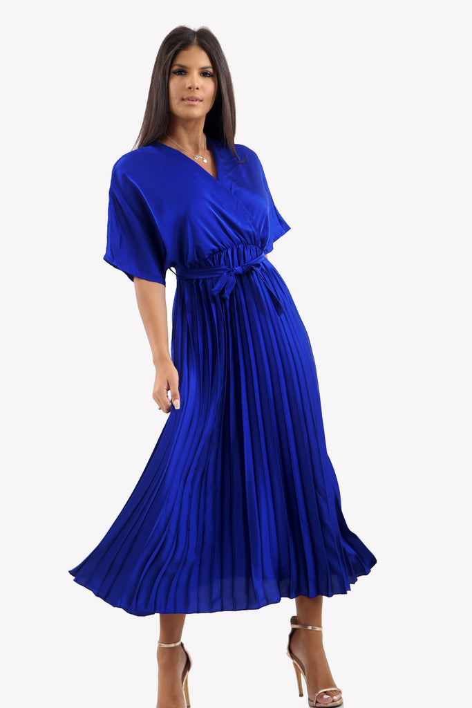 Satin Batwing Pleated Maxi Dress in Royal Blue