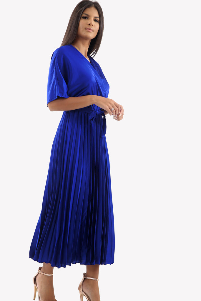 Satin Batwing Pleated Maxi Dress in Royal Blue