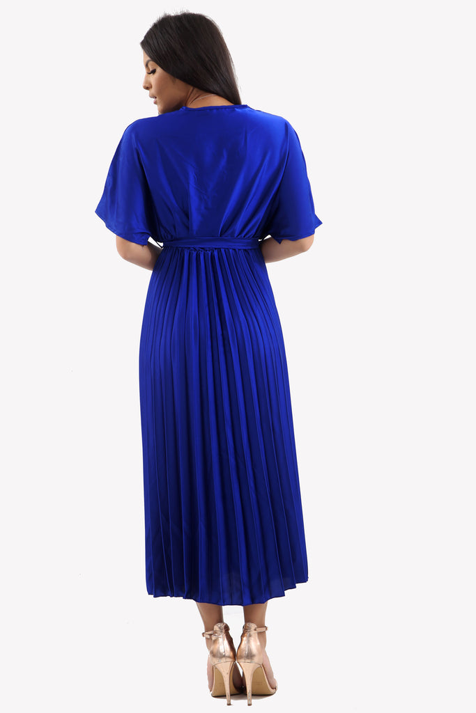 Satin Batwing Pleated Maxi Dress in Royal Blue