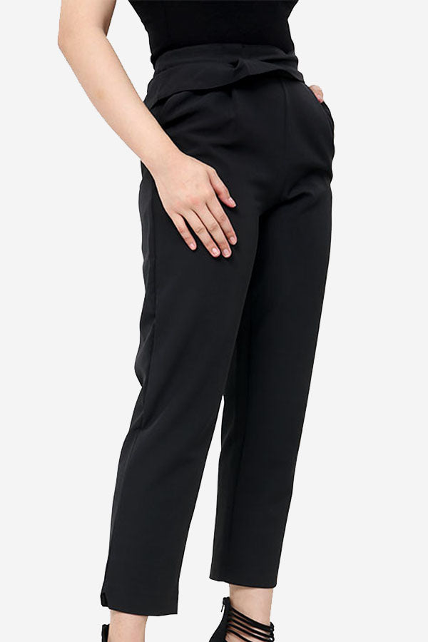 Black High Waisted Straight Leg Trousers With Ruffle Detail