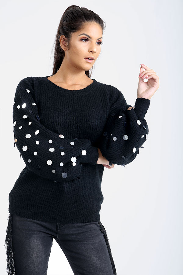 Black Balloon Sleeve Jumper With Sequins