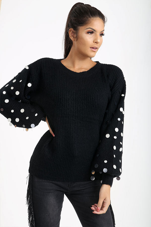 Black Balloon Sleeve Jumper With Sequins