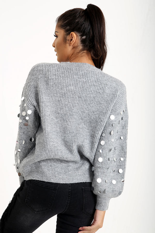 Grey Balloon Sleeve Jumper With Sequins