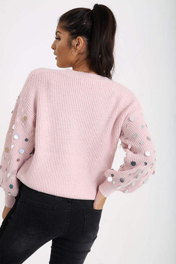 Pink Balloon Sleeve Jumper With Sequins