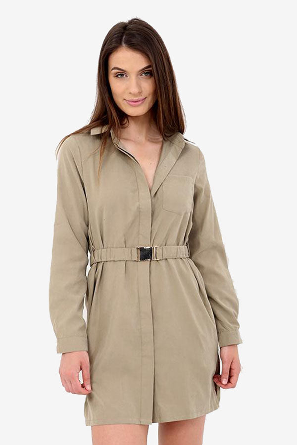 Olive Khaki Belted Shirt Dress