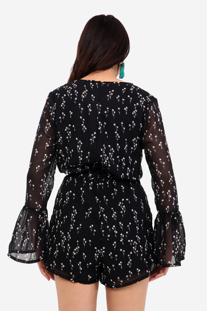 Black Floral Flare Sleeve Playsuit