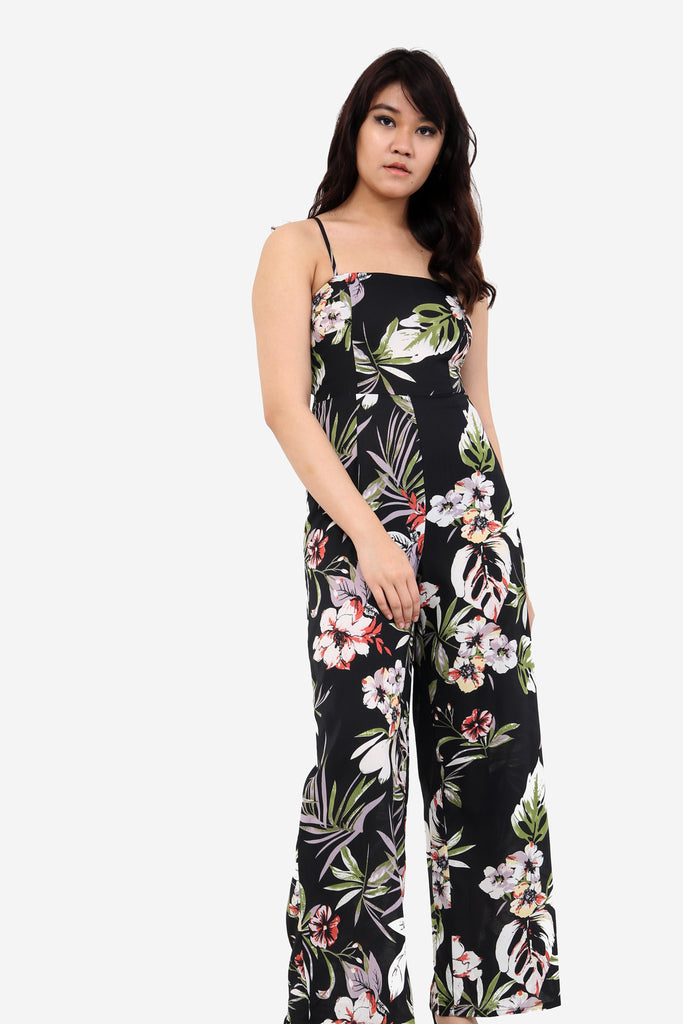 Black Floral Jumpsuit With Tie Back