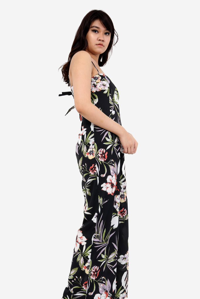 Black Floral Jumpsuit With Tie Back