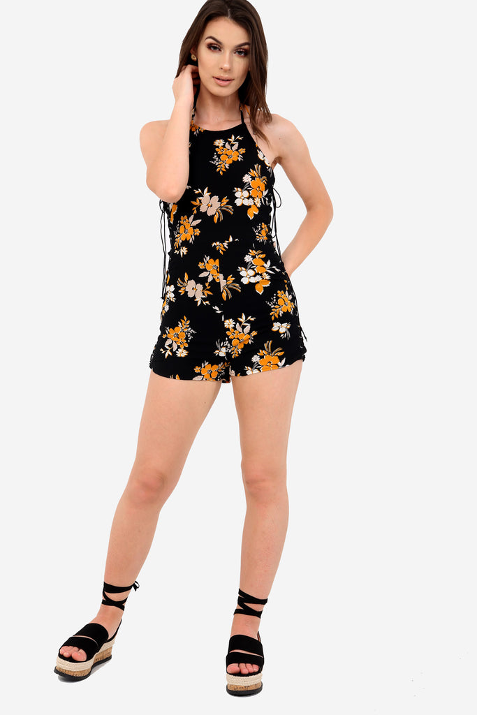 Black Floral Playsuit With Lace-Up Sides