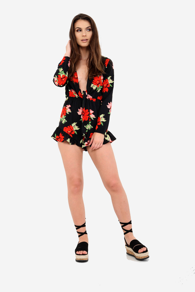 Black Floral Plunge Playsuit