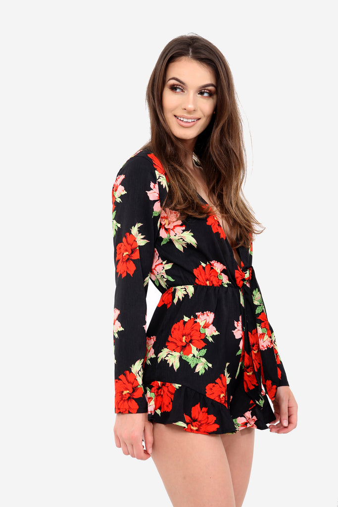 Black Floral Plunge Playsuit