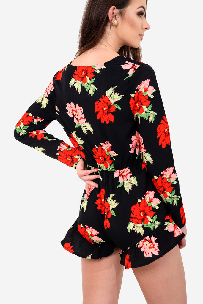 Black Floral Plunge Playsuit