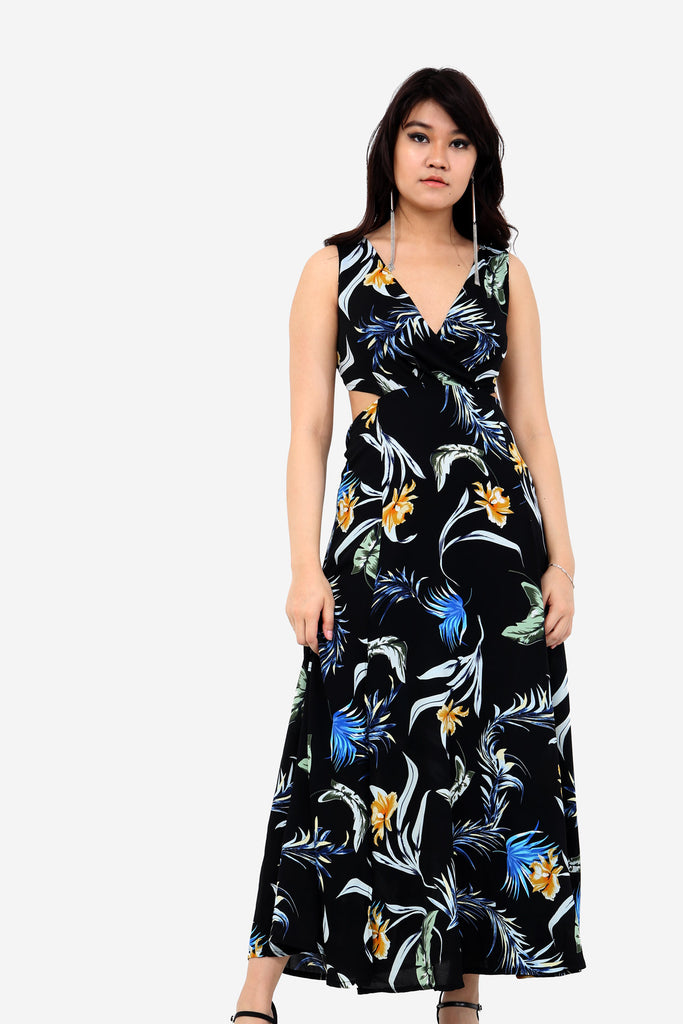 Black Floral Tie Back Maxi Dress