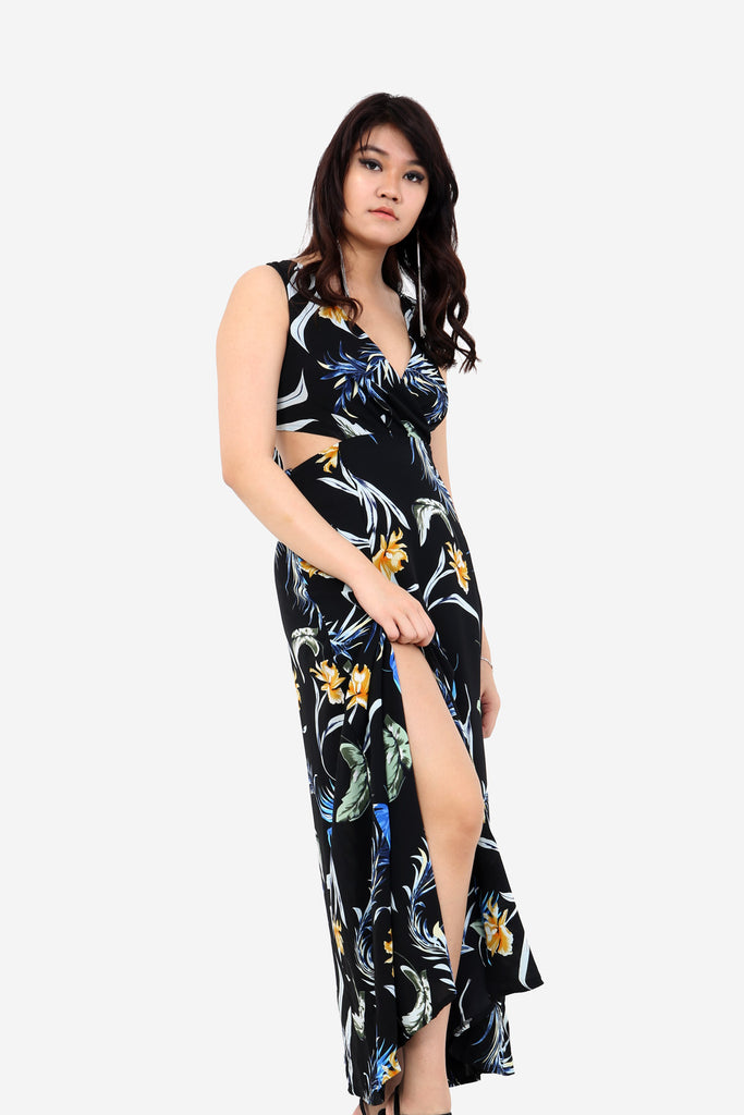 Black Floral Tie Back Maxi Dress