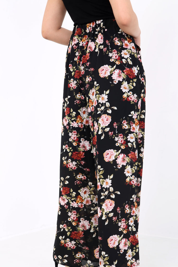 Black Floral Wide Leg High Waisted Trousers