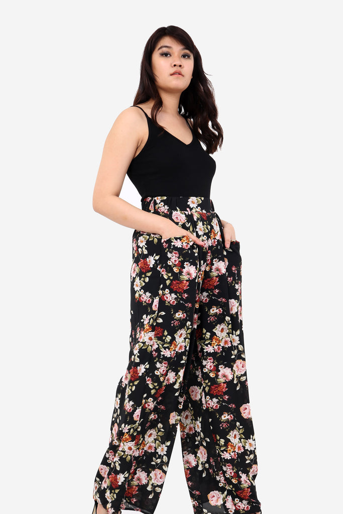 Black Floral Wide Leg High Waisted Trousers