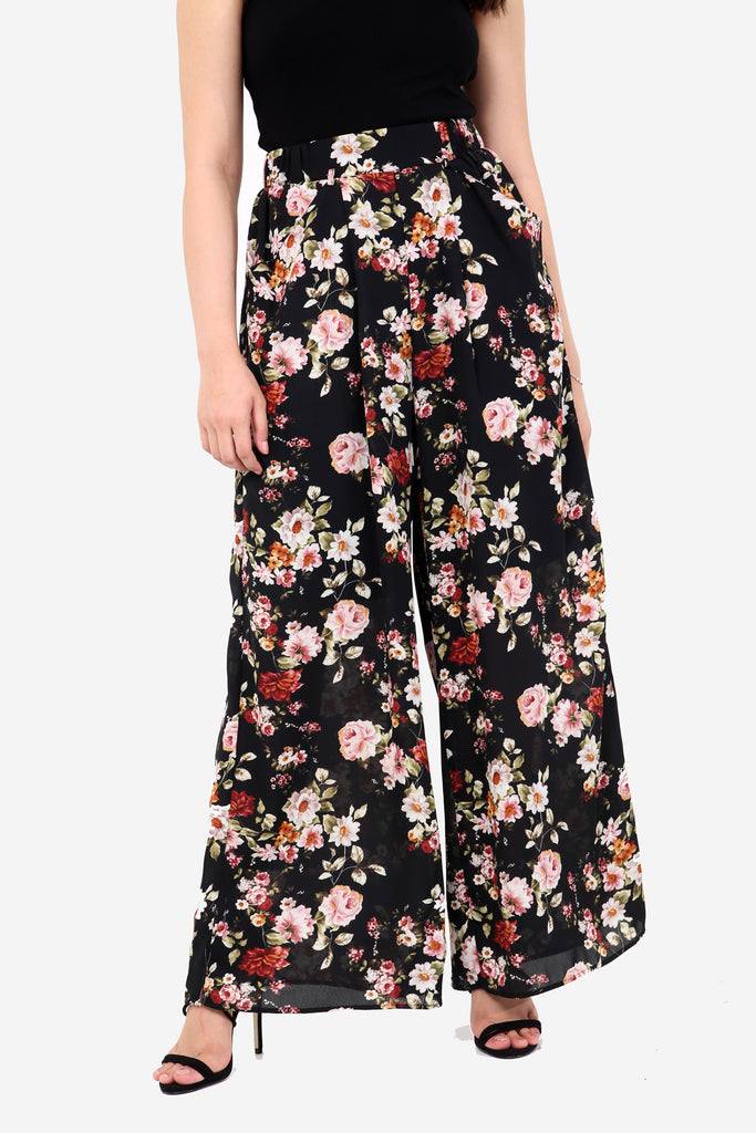 Black Floral Wide Leg High Waisted Trousers