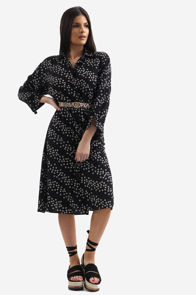 Black Printed Midi Shirt Dress