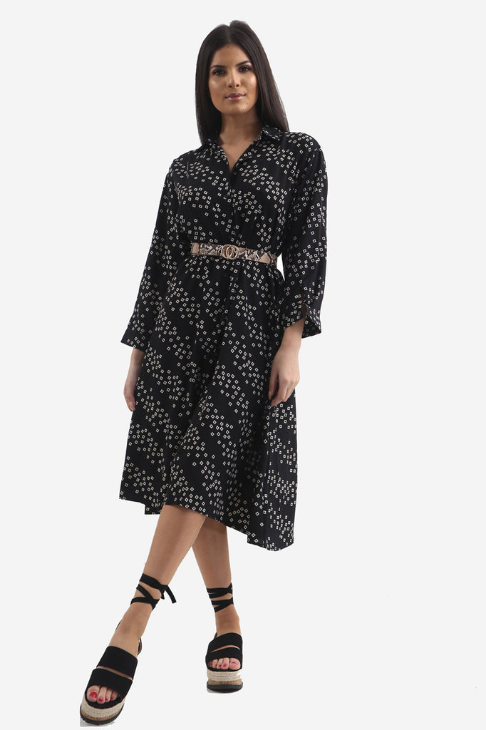 Black Printed Midi Shirt Dress