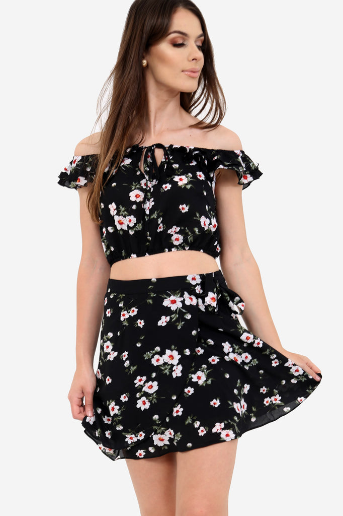 Black High Waisted Floral Skirt