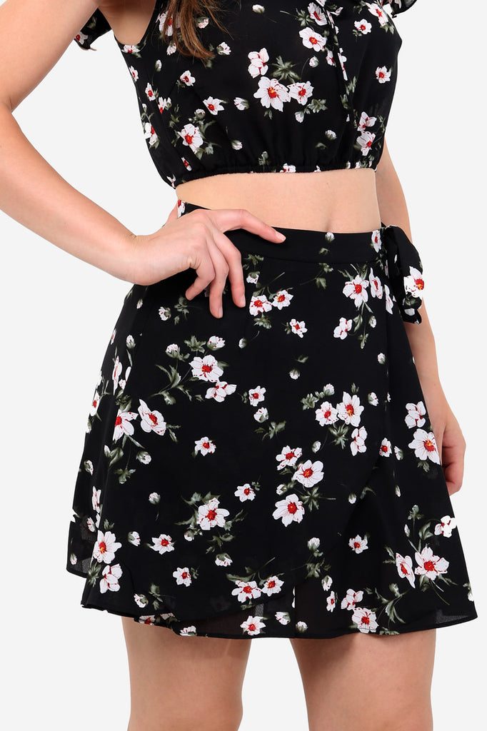 Black High Waisted Floral Skirt