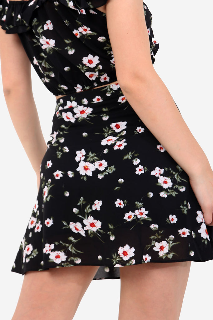 Black High Waisted Floral Skirt