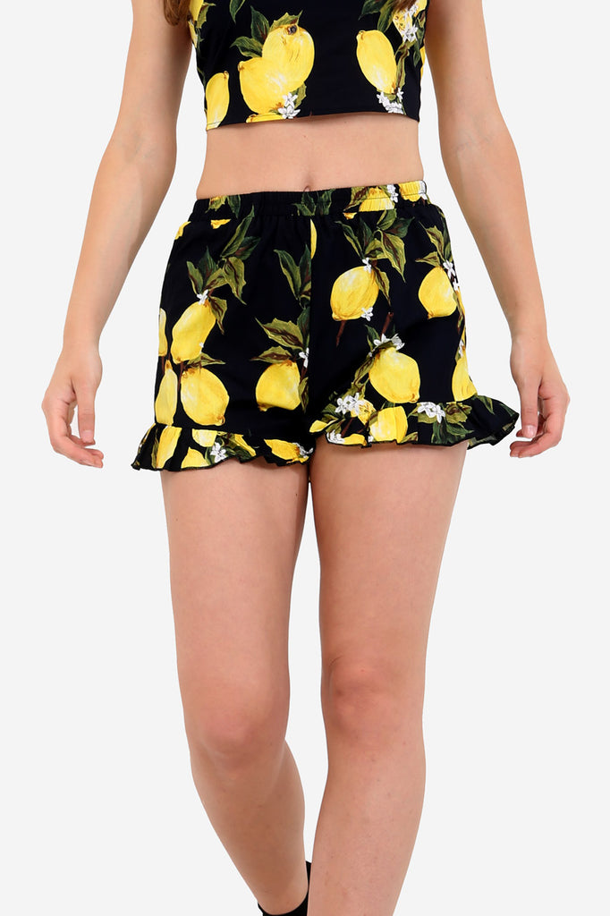 Black High Waisted Shorts In Lemon Print