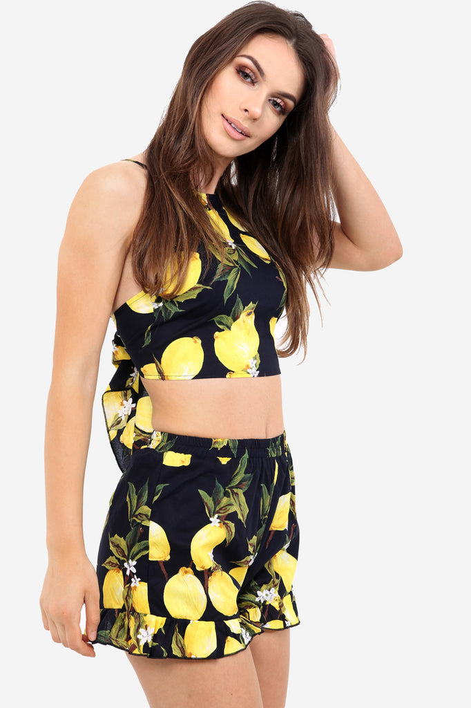 Black High Waisted Shorts In Lemon Print