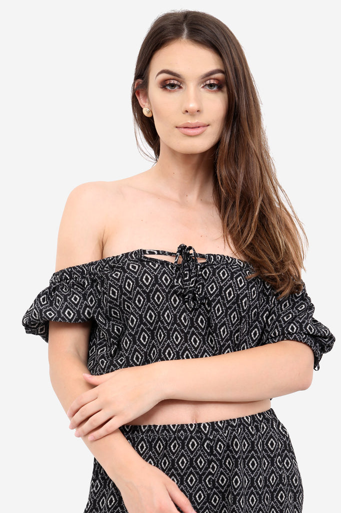 Black Off The Shoulder Crop Top In Aztec