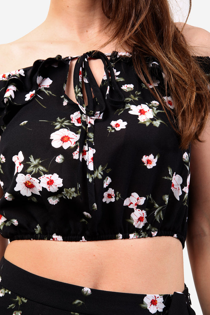 Black Off The Shoulder Floral Crop Top