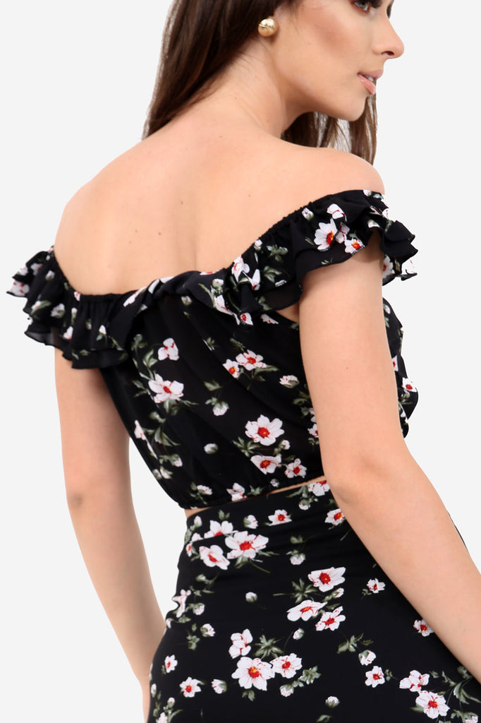 Black Off The Shoulder Floral Crop Top