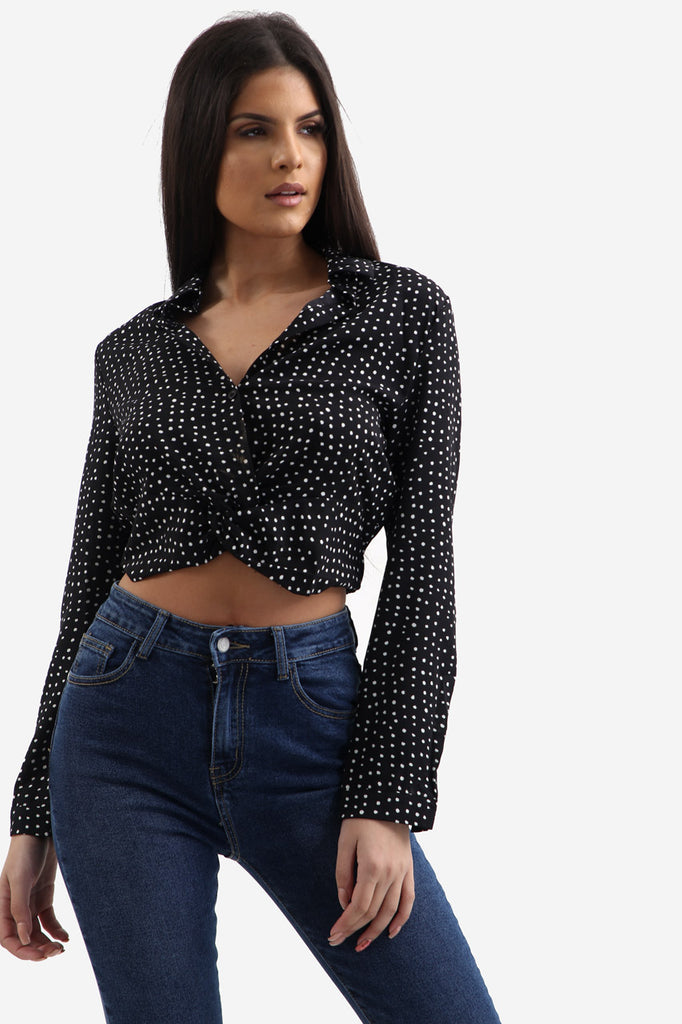 Black Polka Dot Cropped Twist Shirt