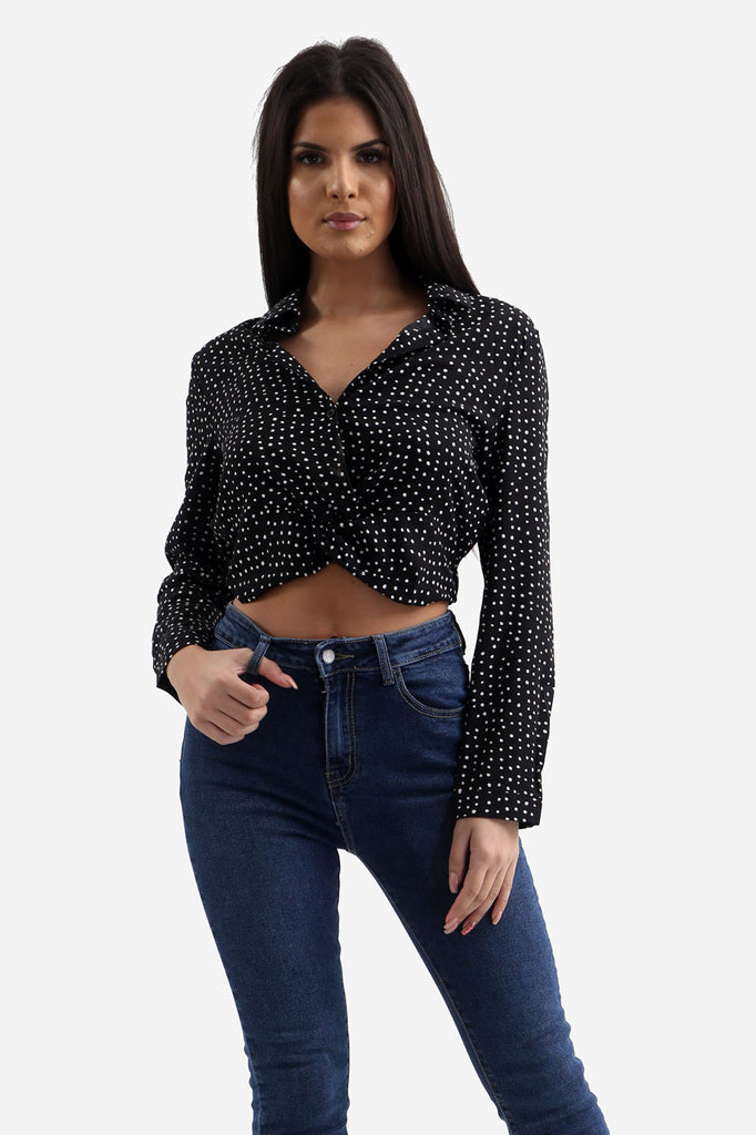 Black Polka Dot Cropped Twist Shirt