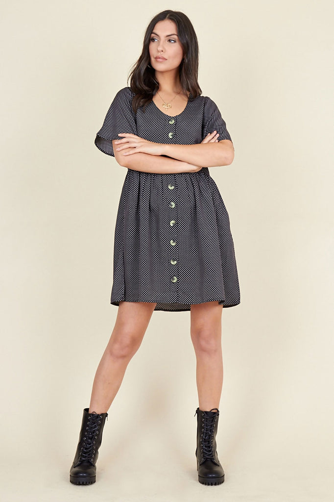 Ivykove Black Polka Dot Horn Button Front Mini Smock Dress