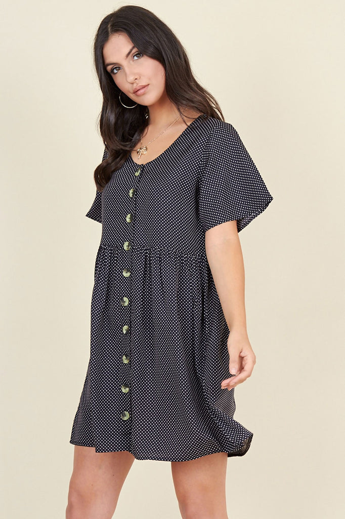 Ivykove Black Polka Dot Horn Button Front Mini Smock Dress