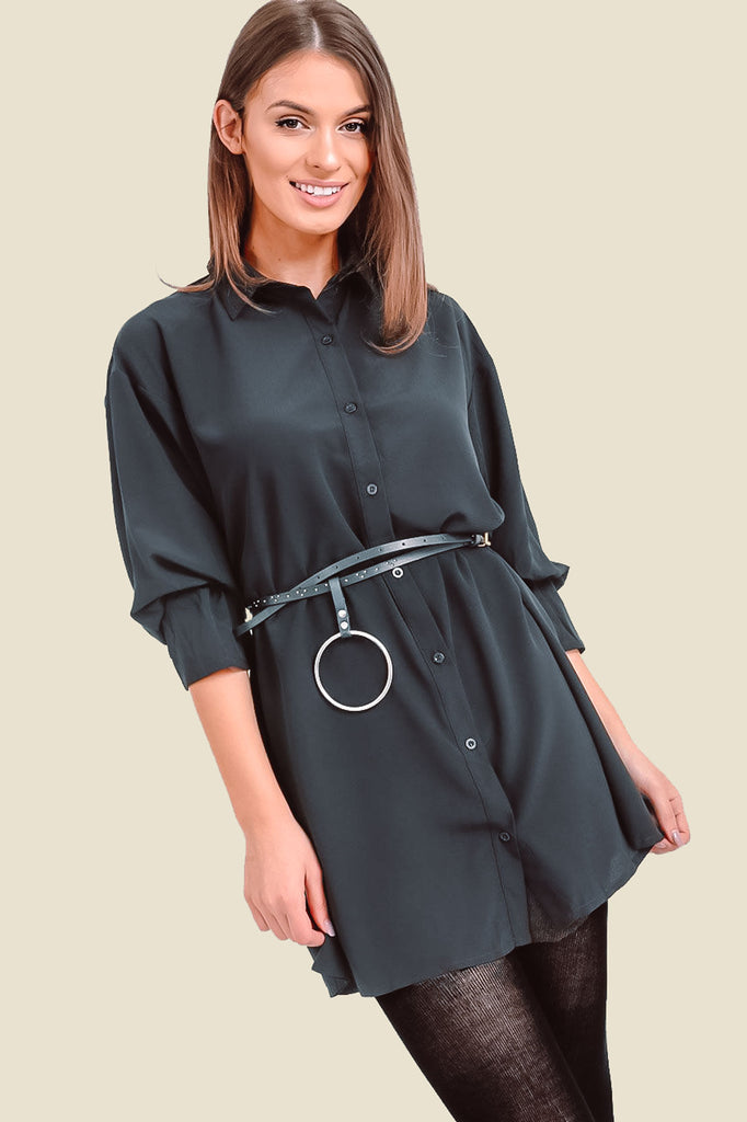 Black Oversized Shirt Dress With Sleeve Detail