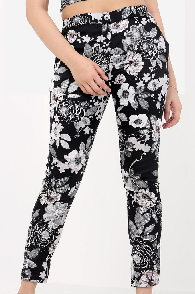 Black Silk Floral Cigarette Trousers