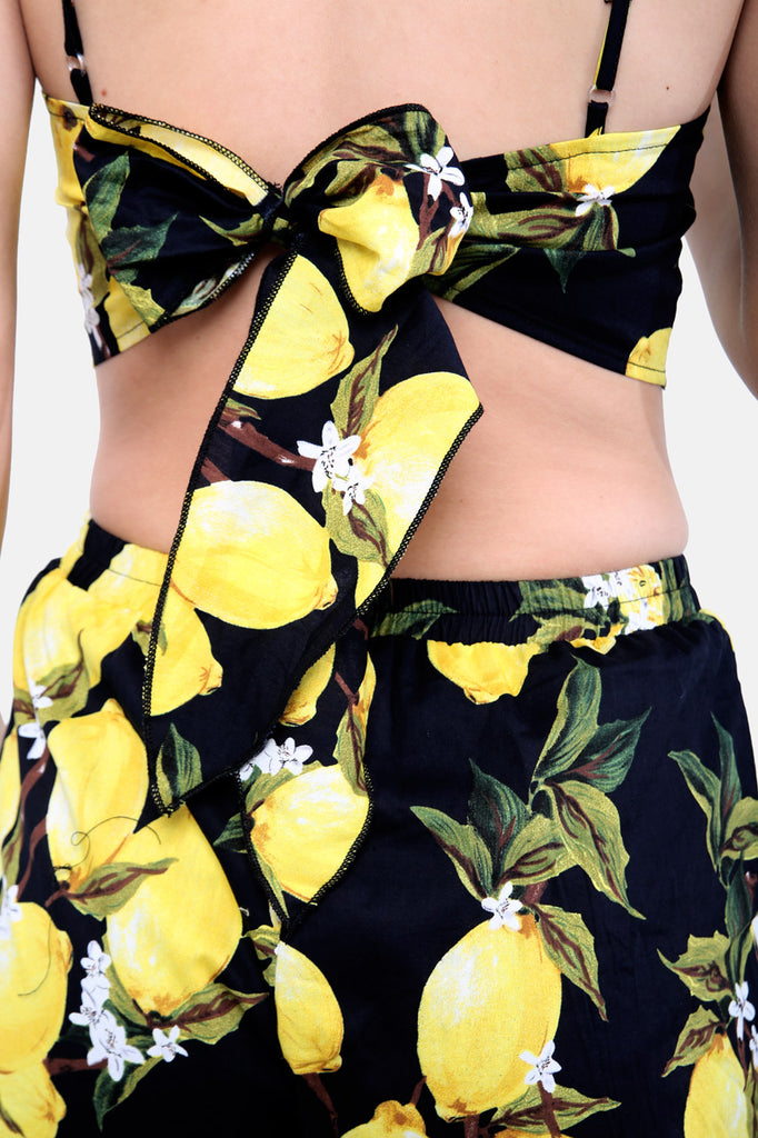 Black Tie Back Crop Top In Lemon Print