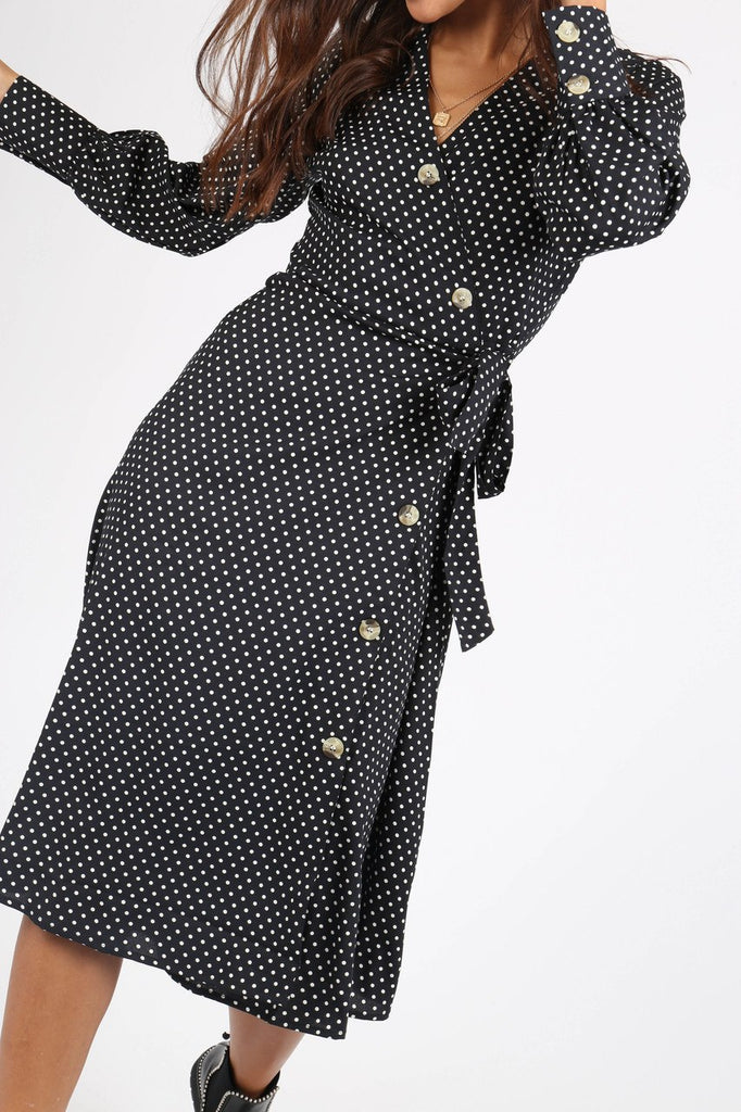 Black Polka Dot Side Tie Button Wrap Midi Dress