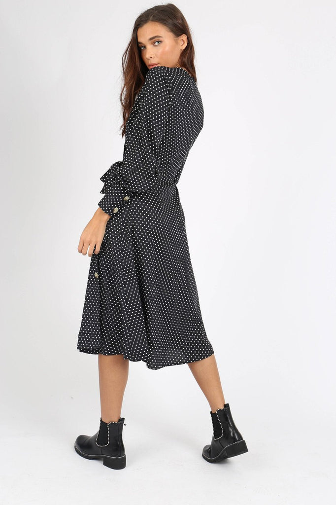 Black Polka Dot Side Tie Button Wrap Midi Dress