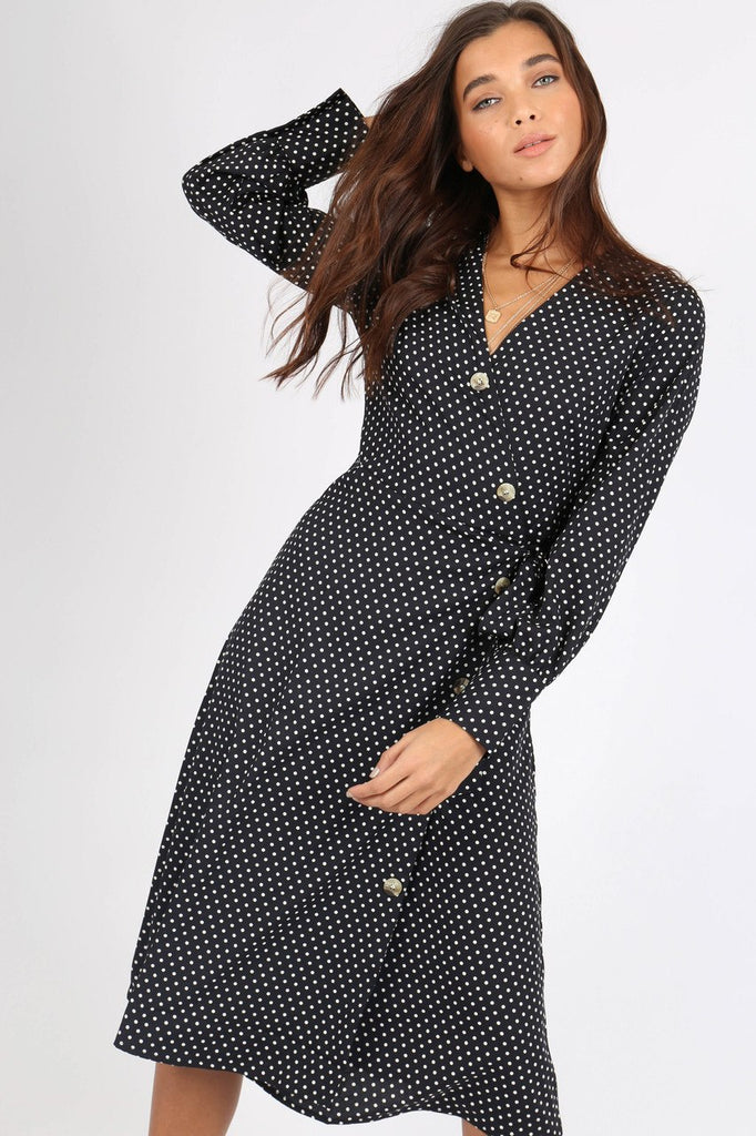 Black Polka Dot Side Tie Button Wrap Midi Dress