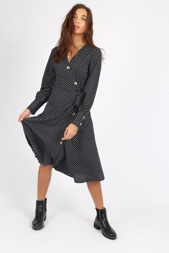 Black Polka Dot Side Tie Button Wrap Midi Dress